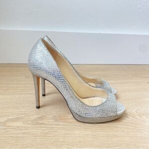 Jimmy Choo Luna 100 Champagne Glitter Fabric Peep Toe Platform Pumps